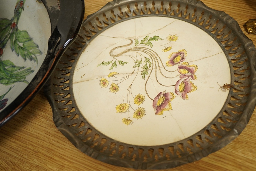 A signed studio pottery bowl together with a similar dish, a Copeland Spode tureen retailed by Gorringe Ltd and a pewter mounted plate, largest 38cm